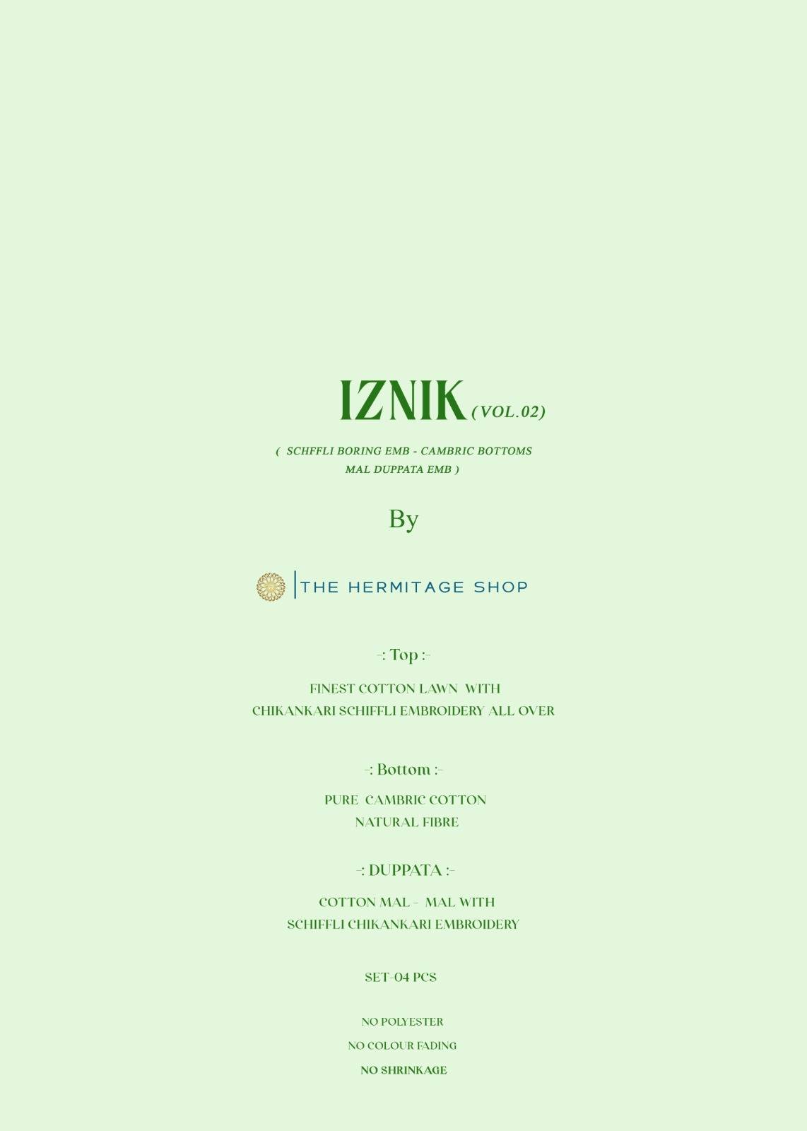 IZNIK VOL 2 By THE HERMITAGE SHOP 101 To 104 Series Premium COTTON LAWN dresses at Wholesale Price